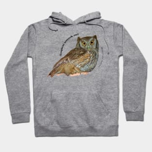 Tropical screech owl under a roof pin black text Hoodie